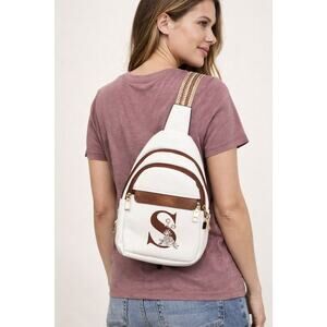 CLOUD WINGS White Monogram S Sling Backpack With Floral Detail Adjustable Strap